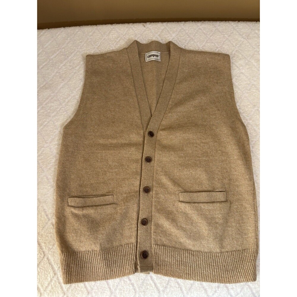 Vintage Campus 70s Men's Beige Button Up Vest USA Made Size XL